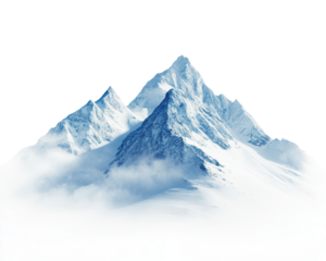 Snow-covered mountain peak with clouds on a white isolated background.