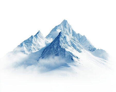 Snow-covered mountain peak with clouds on a white isolated background.