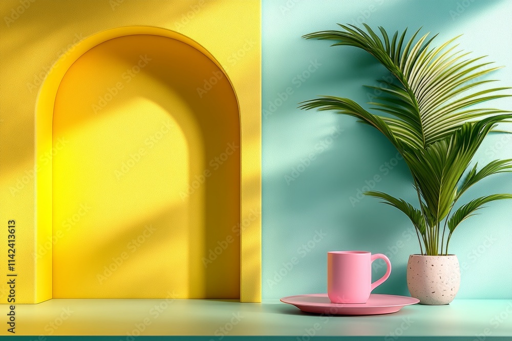 Poster a conceptual design of a window frame, reduced to clean lines and blocks of light pastel colors, evo