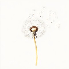 Simple, elegant dandelion puff blowing in the wind in watercolour style soft white and yellow tones delicate seeds floating through the air gentle brushstrokes capturing the movement of the wind 