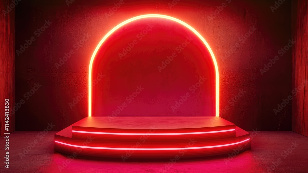 Fototapete a striking red podium in a studio room, illuminated by vibrant red light, ideal for events or presen