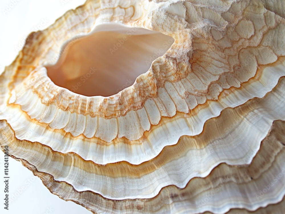 Poster a detailed macro view of a seashell with layered ridges and an opening