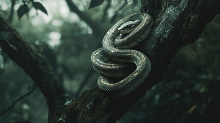 A striking snake curled up on a tree branch, camouflaged by its surroundings in the lush forest, showcasing wildlife in its natural habitat