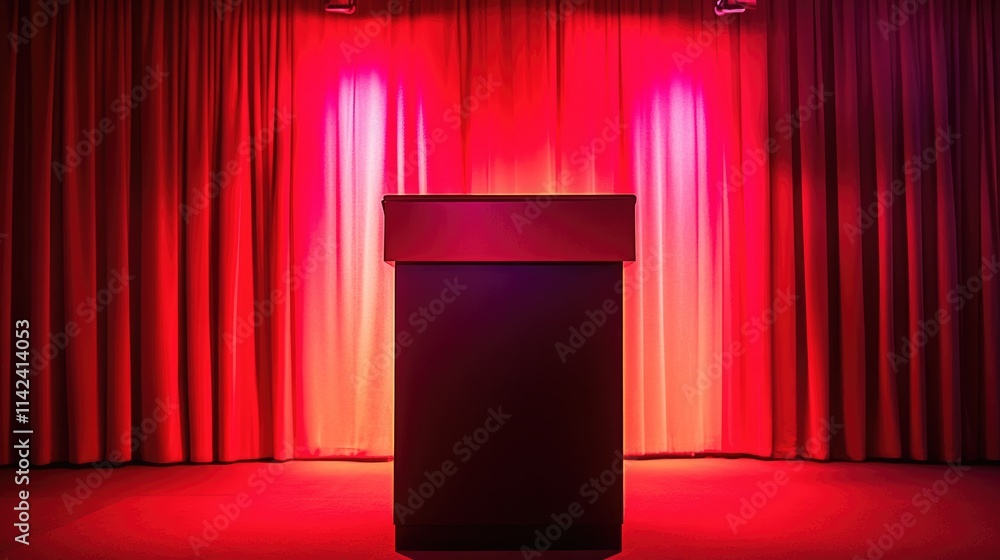 Poster a studio room featuring a red podium highlighted by red lighting, ideal for an event or presentation