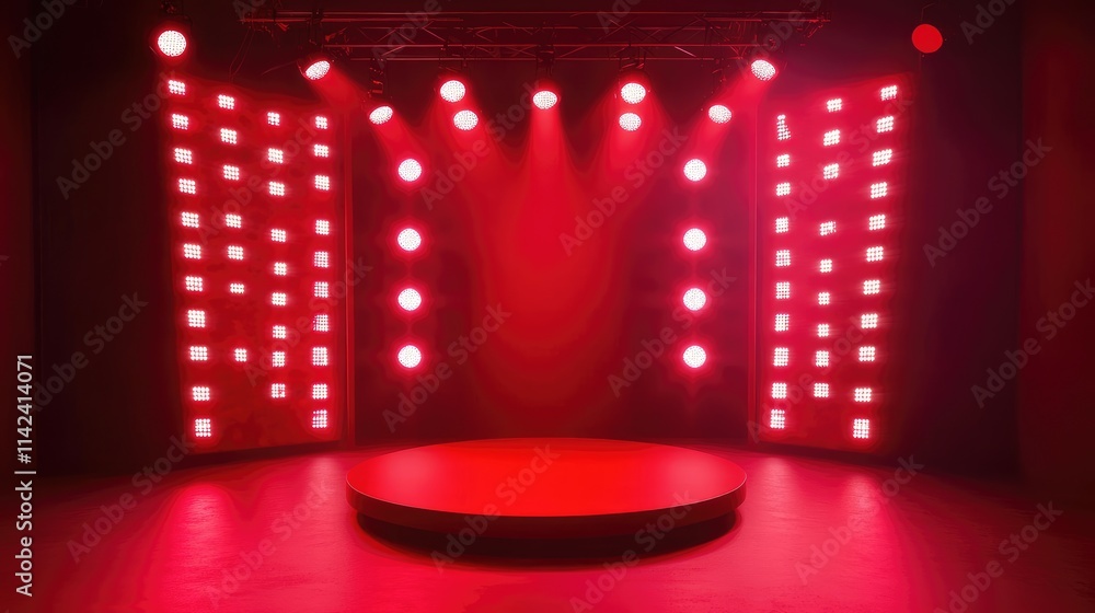 Poster A studio with a red podium illuminated by red lights, setting a dramatic and festive atmosphere, offering large space for text
