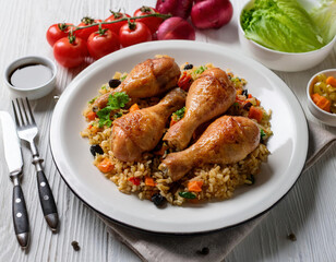 Two golden-brown chicken legs are served with colorful vegetable rice pilaf garnished with fresh herbs on a white plate.