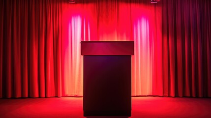 A studio room featuring a red podium highlighted by red lighting, ideal for an event or presentation, with plenty of room for copy space