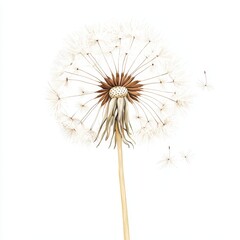 Fototapeta premium Delicate Dandelion Puff in Watercolor Style Floating Seeds with Soft Glowing Light on White Background