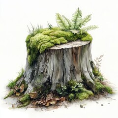 Tranquil Watercolor Scene of Mossy Tree Stump with Ferns in Delicate Green Tones | Photorealistic Nature Artwork on White Background