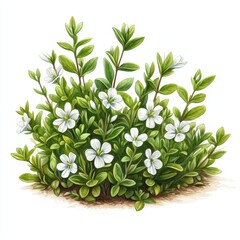 Delicate Wild Thyme Watercolor Illustration with White Flowers on Pure White Background