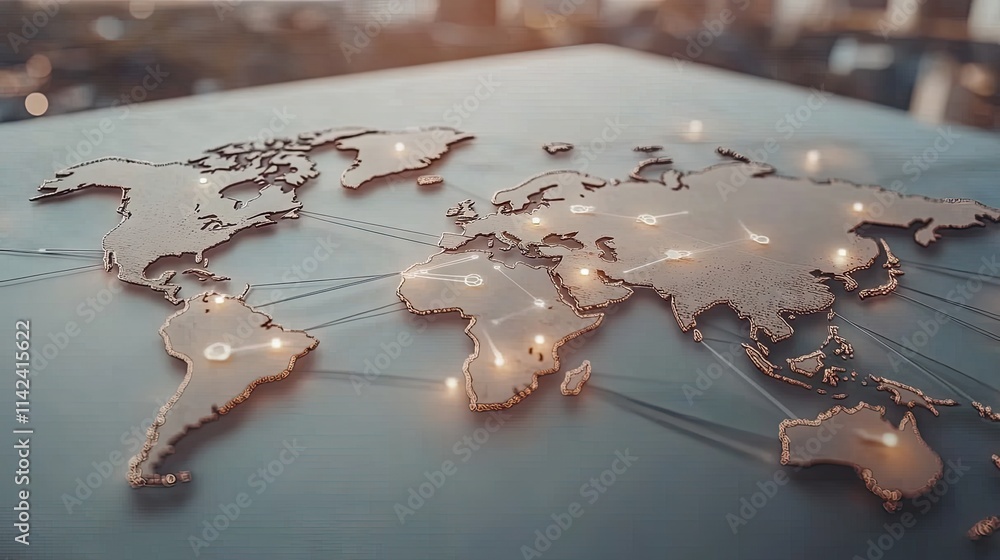 Poster Artistic World Map with Illuminated Connections and Soft Background