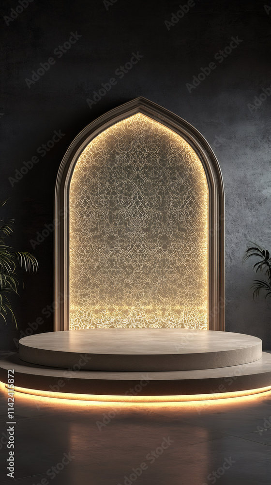 Poster empty podium illuminated by warm light with ornate arch and traditional islamic pattern, creating a 