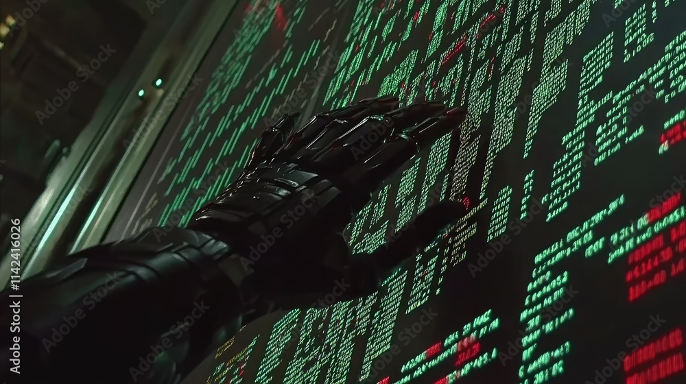 Poster futuristic cybernetic hand interacting with digital code display