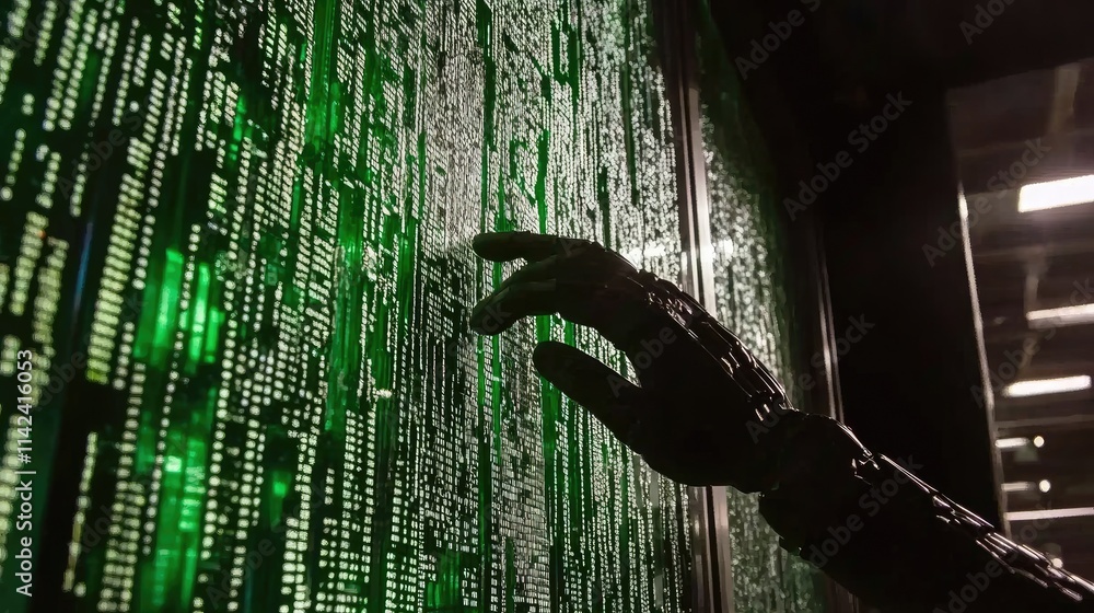 Poster robotic hand touching digital matrix wall of green code display