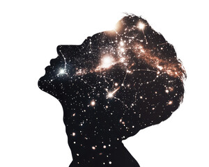 Silhouette of a person with a cosmic galaxy pattern against a white background.