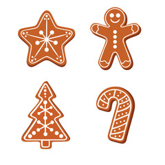 Cartoon set of gingerbread cookies in flat style, snowflake ginger man, Christmas tree, Christmas candy