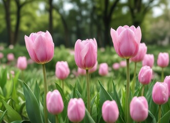 Fototapeta premium Soft pink tulips against blurred natural backdrop, seasonal, garden, green