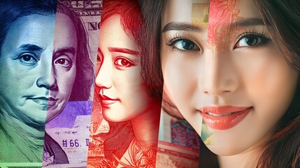 Fototapeta premium of a woman's determined expression, integrated with an image of unequal payment, emphasizing the fight for equality. | [Women’s]:[Gender pay gap ] 