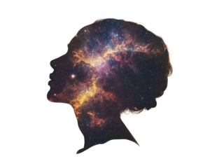 Galaxy pattern in a human silhouette representing cosmic thoughts.