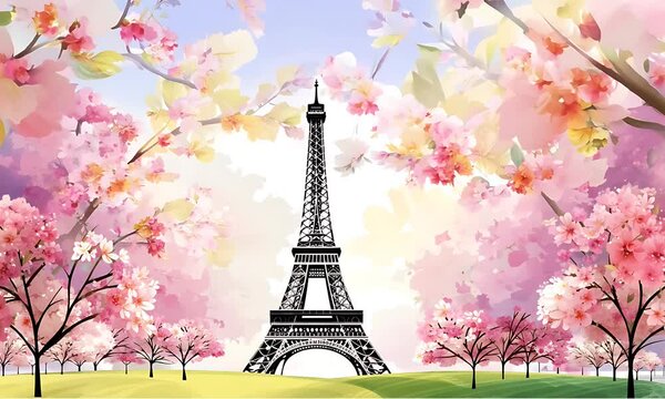 A Watercolor Painting of the Eiffel Tower Surrounded by Beautiful Cherry Blossoms in Full Bloom