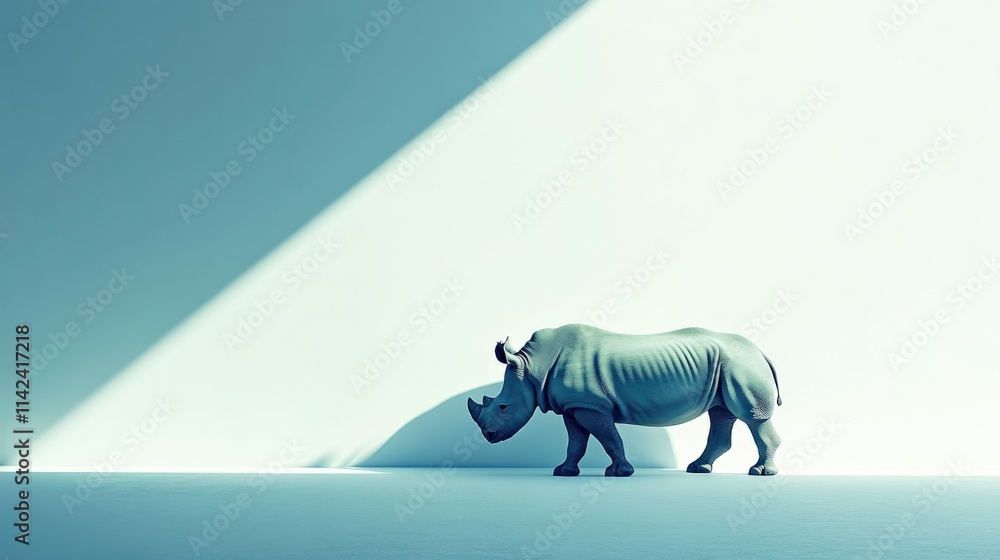 Poster Realistic depiction of a lone rhinoceros walking in a minimalist indoor space with sharp light and shadow creating a dramatic atmosphere that highlights its features