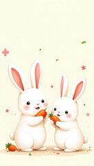 Obraz premium Illustration of Two Happy Rabbits Eating Carrots Together