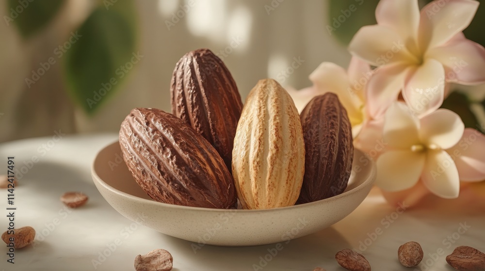 Poster realistic arrangement of cocoa pods on light surface surrounded by natural elements and warm light, 