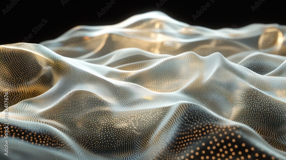 Poster flickering particles in random motion, glowing softly in warm tones of gold and white, gently appear