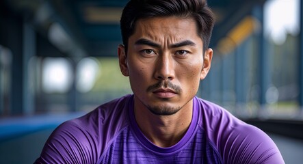 Fototapeta premium Asian man serious wearing purple sportswear looking on camera