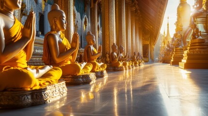 Monks Reciting Prayers at Dawn with Traditional Architecture