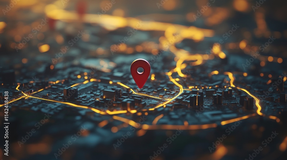 Poster A zoomed-in map with a red pin marking a location, featuring the roads and cities of an entire country, highlighting the importance of mapping and navigation.