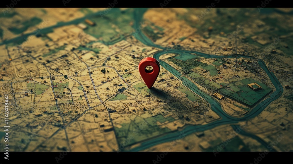 Poster A zoomed-in map with a red pin marking a location, featuring the roads and cities of an entire country, highlighting the importance of mapping and navigation.