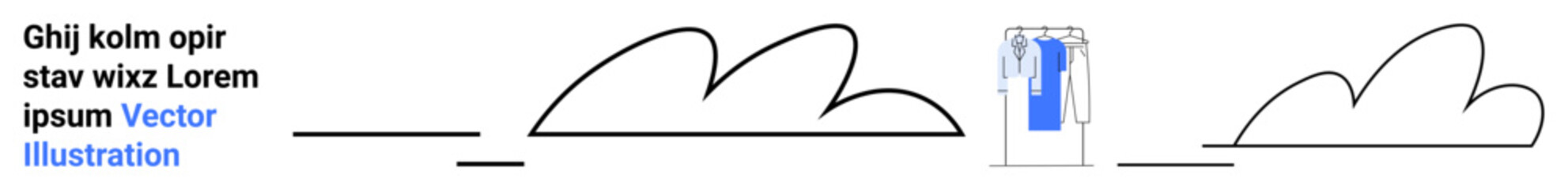 Abstract minimalist design with three outlined cloud shapes, a vertical rectangle with a blue figure, and text. Ideal for modern art, minimalism, abstract concepts, web design, graphic design