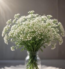 Sunlight filtering through delicate baby's breath bouquet, delicate, soft, flowers, bouquet, bridal