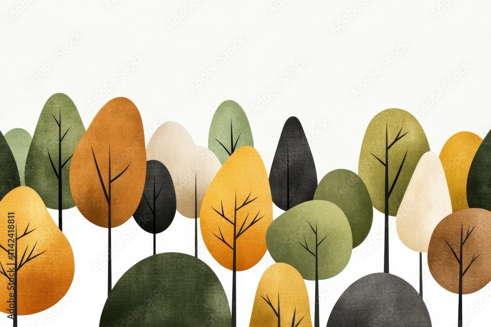 Poster a flat design of a forest scene, with simplified shapes for trees and hills in a vibrant palette of 