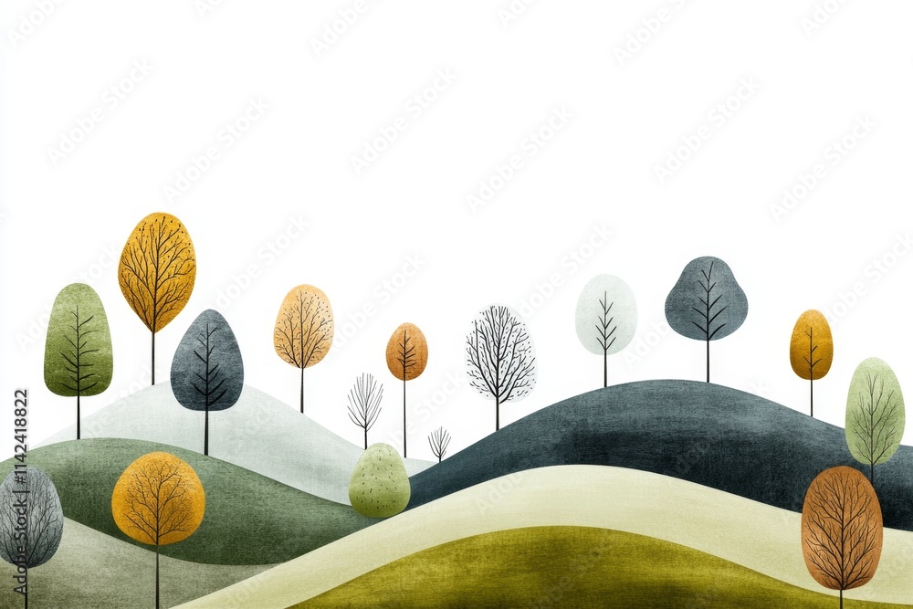 Poster a flat design of a forest scene, with simplified shapes for trees and hills in a vibrant palette of 