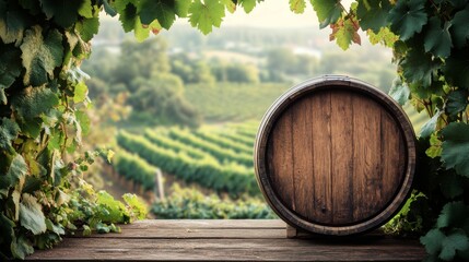Wooden Barrel in Vineyard Winery Composition, Rustic Wooden Table, Grape Leaves Frame, Blurred Background, Winemaking Concept. Wine Barrel, Winery