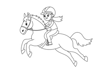 Girl riding a horse in outline style, wearing a helmet and smiling during a jump