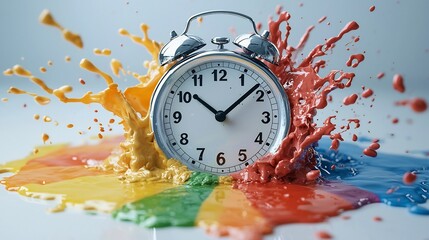 Melting Clock Flowing into Vibrant Rainbow Puddle Symbolic of Time s Fluidity