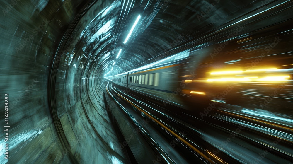 Poster a high-speed train entering a tunnel, with dynamic lighting and blurred motion showcasing its swift 