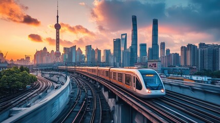 Naklejka premium A high-speed train gliding along elevated tracks, with a futuristic city skyline in the background at dusk