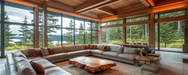 Fototapeta premium Sectional Sofa and Lake View Living Room Modern Interior Design, Wood Beams, Natural Light, Lake View, Cozy Decor Modern Interior Design, Cozy Living Room
