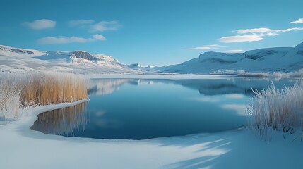 Serene winter landscape tranquil lake reflecting snow-capped mountains under a clear blue sky.
