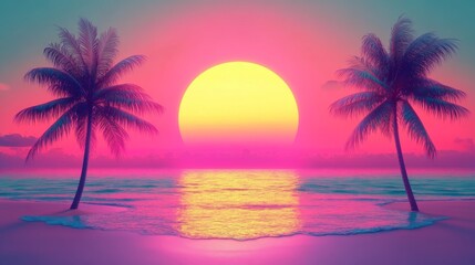 Pink Sunset Beach Scene Two Palm Trees, Vibrant Colors, Ocean Waves, Digital Art, Tropical Paradise Tropical Sunset, Digital Art
