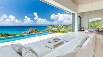 Fototapeta premium Modern Minimalist Villa Ocean View, Infinity Pool, White Sofa, Open Concept Design, Tropical Landscape Luxury Real Estate, Caribbean Villa