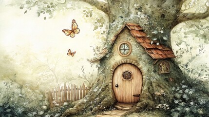 Fototapeta premium Enchanted Tree House Watercolor, Fantasy Cottage, Butterflies, Woodland Scene, Digital Painting Fantasy art, Treehouse