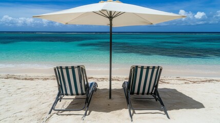 Fototapeta premium Beach Umbrella Two Chairs Seascape, Tropical Vacation, Relaxation beach, paradise