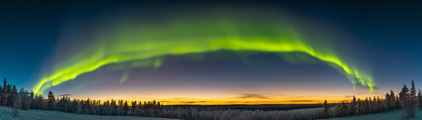 Aurora Borealis Panorama Sunset, Winter Forest, Northern Lights, Starry Sky, Wide Composition Aurora, Landscape