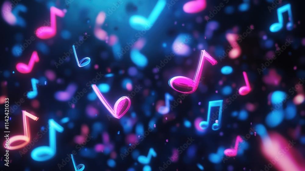 Poster loopable background of twitching musical notes, dynamic and rhythmic, featuring glowing notes and sy