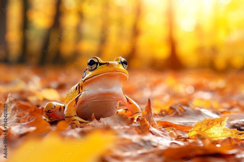 Poster a frog sitting in a forest, surrounded by fallen leaves and illuminated by dappled sunlight filterin
